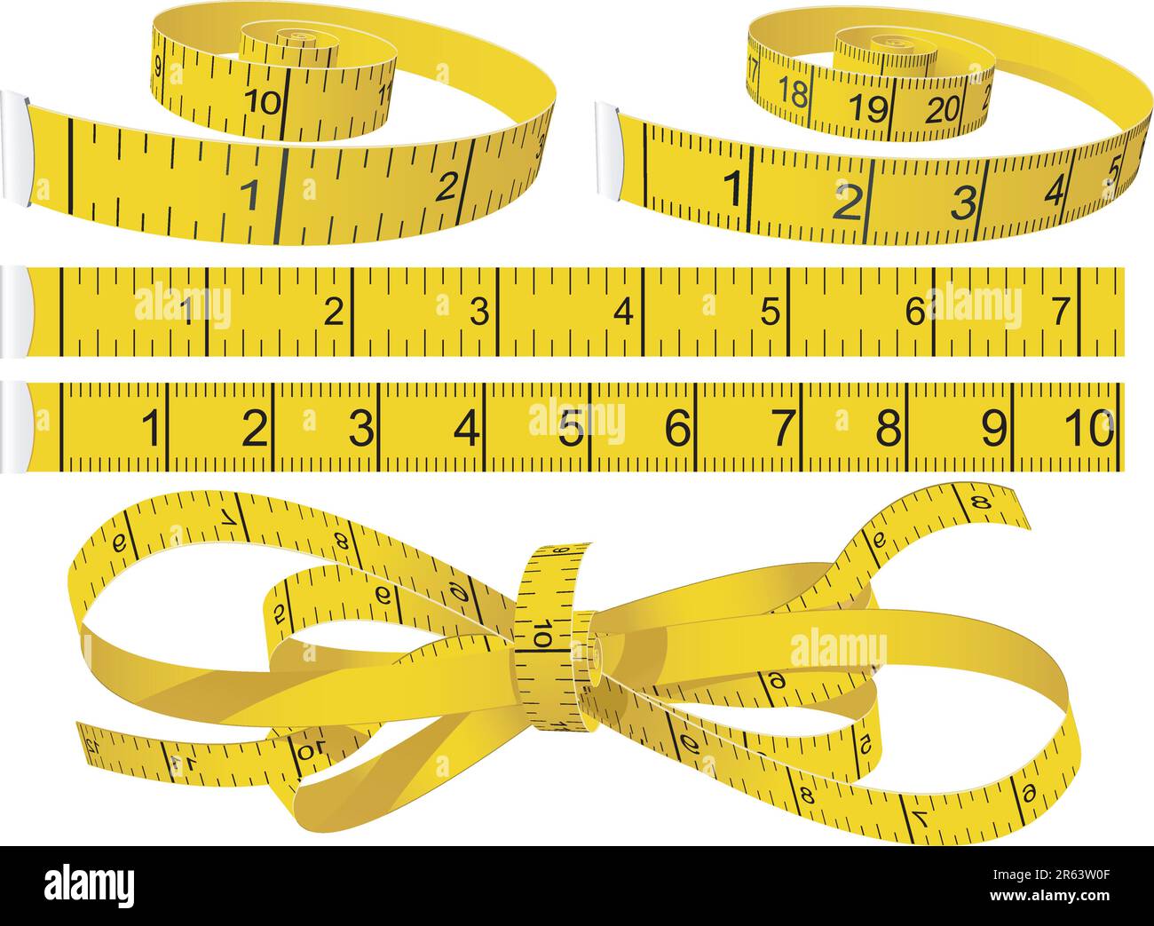 Gelbe Maßbänder in unterschiedlicher Form in Zentimetern und Zoll Stock Vektor