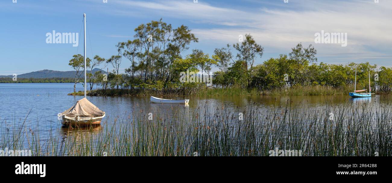 Ein Segelboot hat vor der Küste am Boreen Point, nahe Noosa, Queensland, Australien, festgemacht Stockfoto