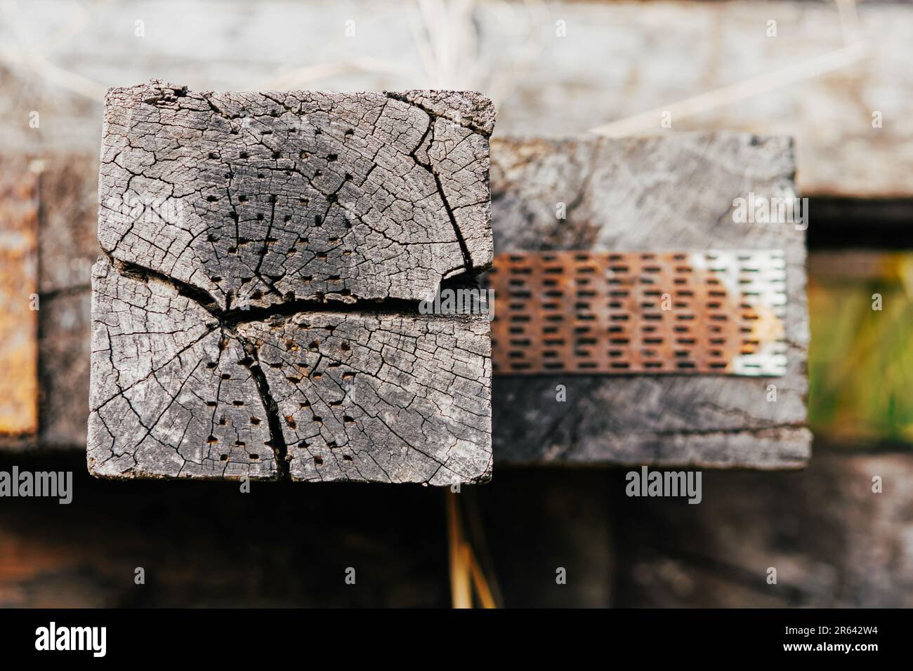 Rostig auf Metallplatte zum Schutz gerissener Bahnschwellen, Gleise, Spalten von Bahnschwellen, Reparatur, selektiver Fokus. Stockfoto