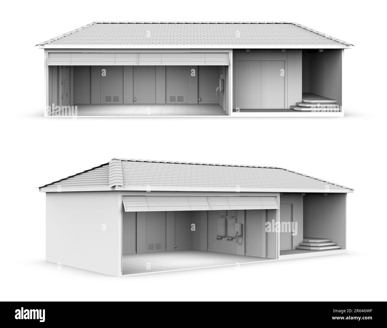 3D-Rendering-Modell für Hauswerkstatt mit EV-Ladegerät auf weißem Hintergrund Stockfoto