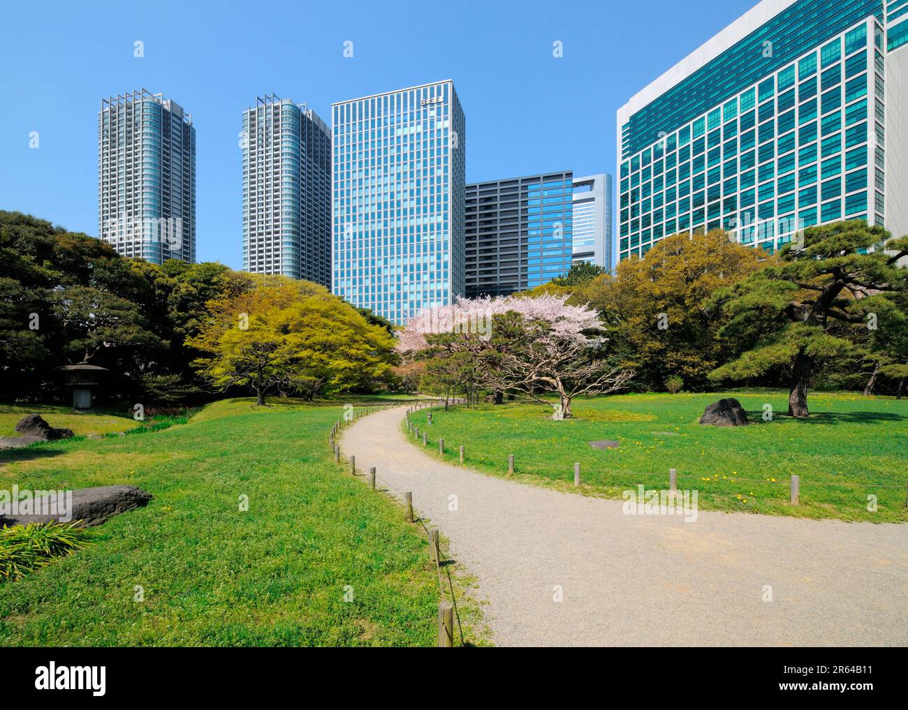 Wanderweg in den Hamarikyu-Gärten und Wolkenkratzern von Shiodome Sio-Site Stockfoto