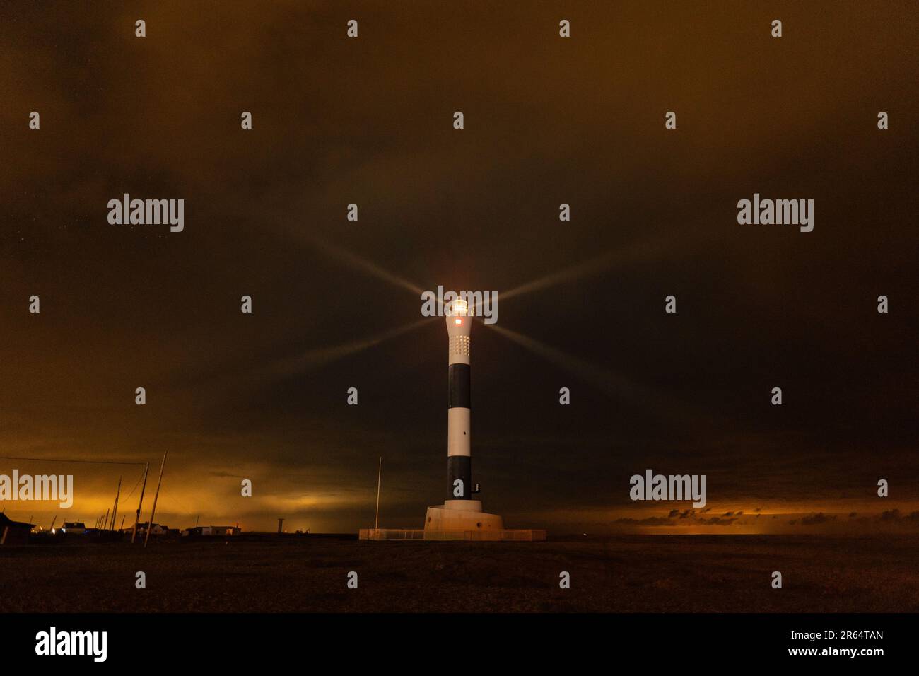 Dungeness Leuchtturm Lichtstrahlen Stockfoto
