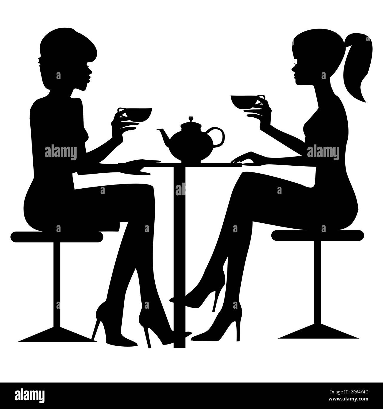 Zwei Frauen, die Tee oder Kaffee trinken. Schwarze Silhouette. Datei enthält Vektor-EPS V8 und 300 dpi JPG. Stock Vektor