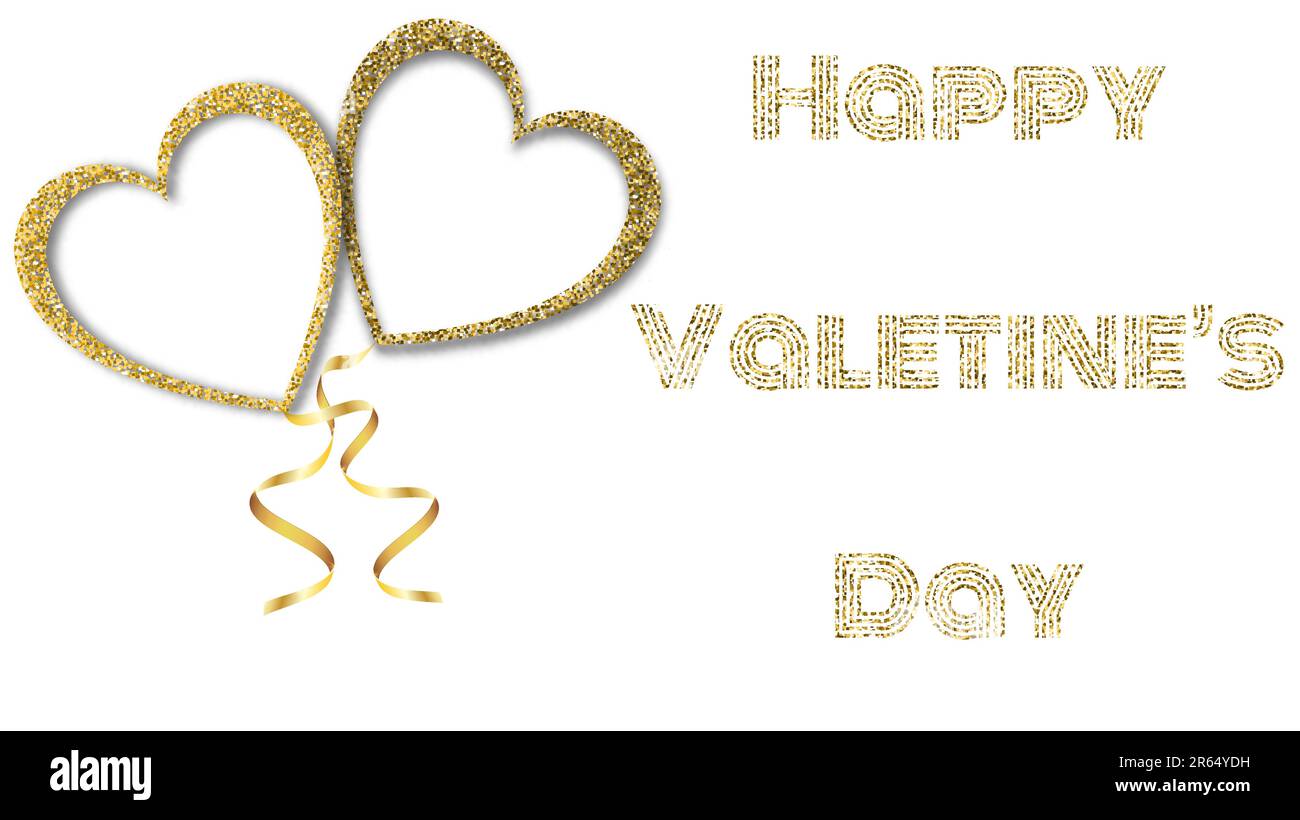 Wunderschöne abstrakte Textur aus goldenen, glitzernden Liebesherzen Ballons und goldenen Bändern für Happy Saint Valentine's Day auf weißem Hintergrund und Kopien Stock Vektor