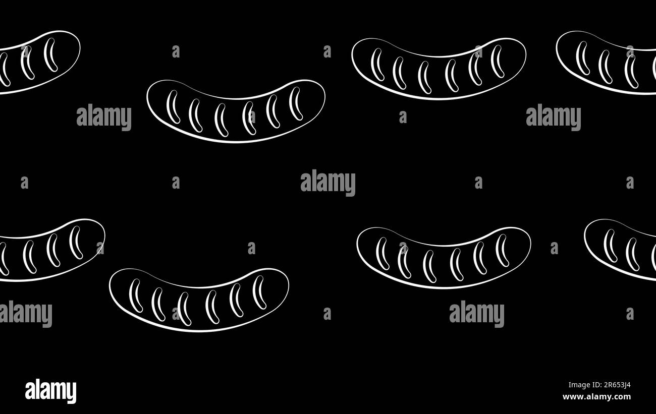 Würste auf schwarzem Hintergrund, Vektordarstellung, schwarzes und weißes Muster. Köstliche gegrillte Würstchen. Kalorienreiche Wurst, fettes Junk-Food. Nahtlos Stock Vektor