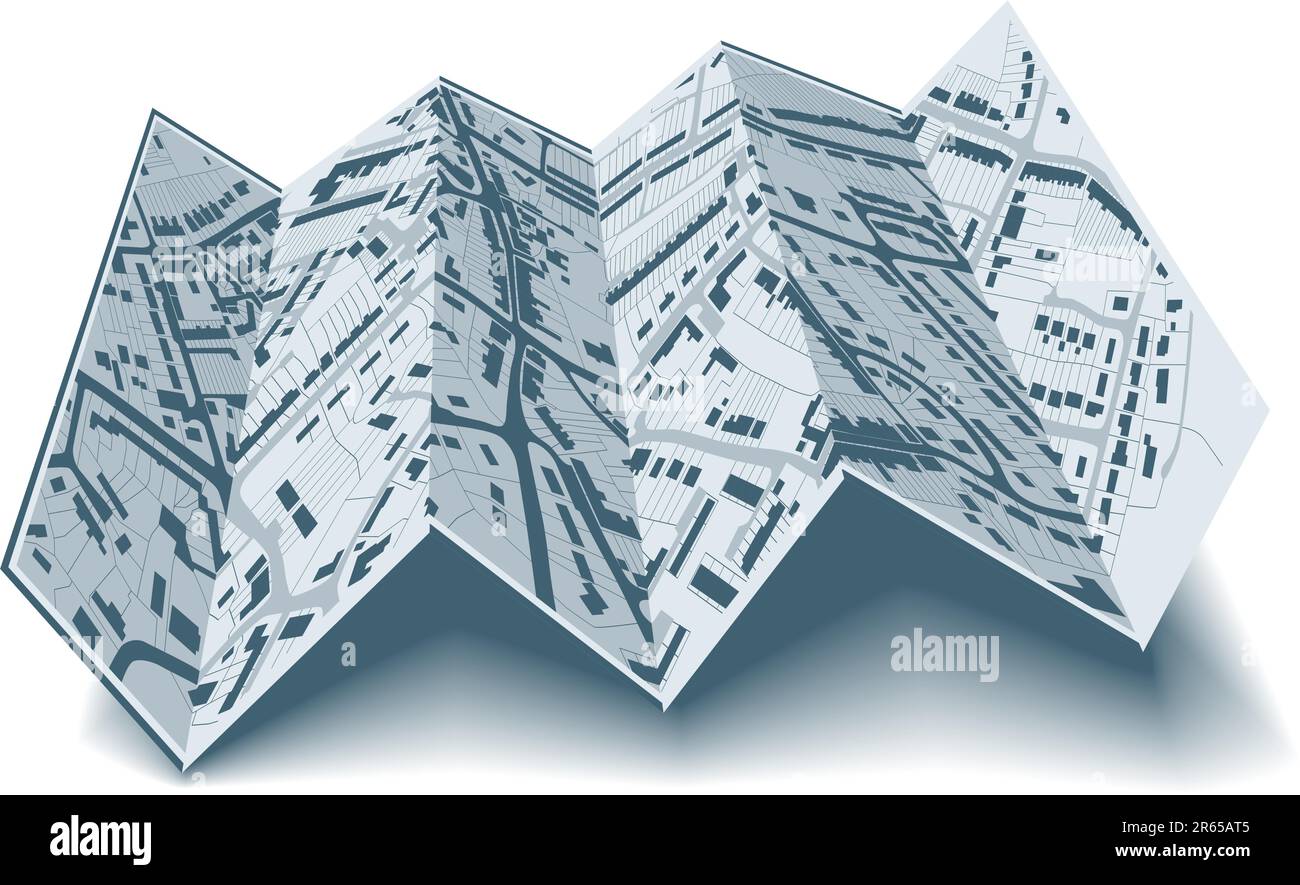 Bearbeitbares Vektor illustrierter Faltplan des Gehäuses in einer generischen Stadt ohne Namen Stock Vektor