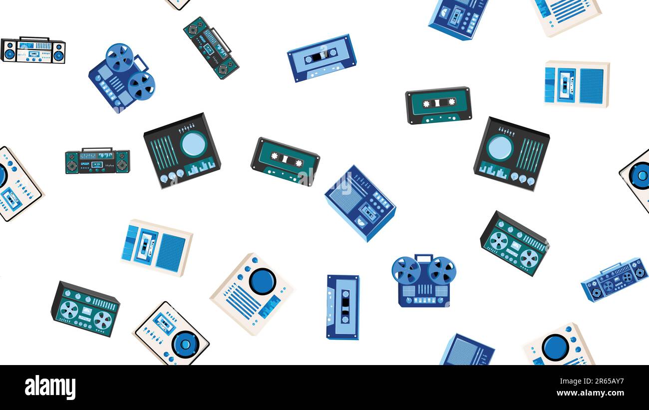 Nahtloses Muster endlos mit Musik Audio Tech Elektronik Ausrüstung alter Retro-Hipster aus den Jahren 70s, 80s, 90s isoliert auf weißem Hintergrund. Vektor Stock Vektor