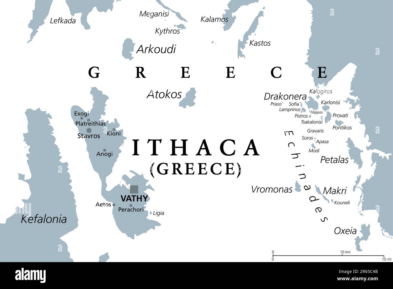 Ithaka, Insel- und Regionaleinheit in Griechenland, graue politische Karte. Teil der Ionischen Inseln. Ithaka, Arkoudi, Atokos und einige Echinaden Inseln. Stockfoto