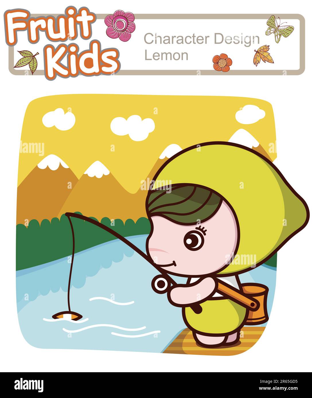 Aktives Kind, das in einem Fluss nach Fisch angeln will. Stock Vektor