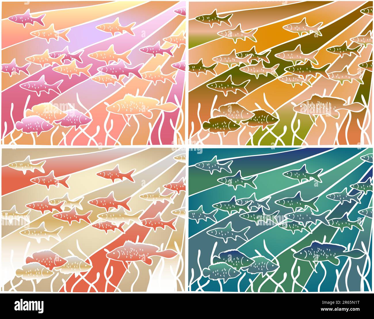 Vier Farbvarianten einer bearbeitbaren Vektor-Illustration von Fischen im Batik-Stil Stock Vektor