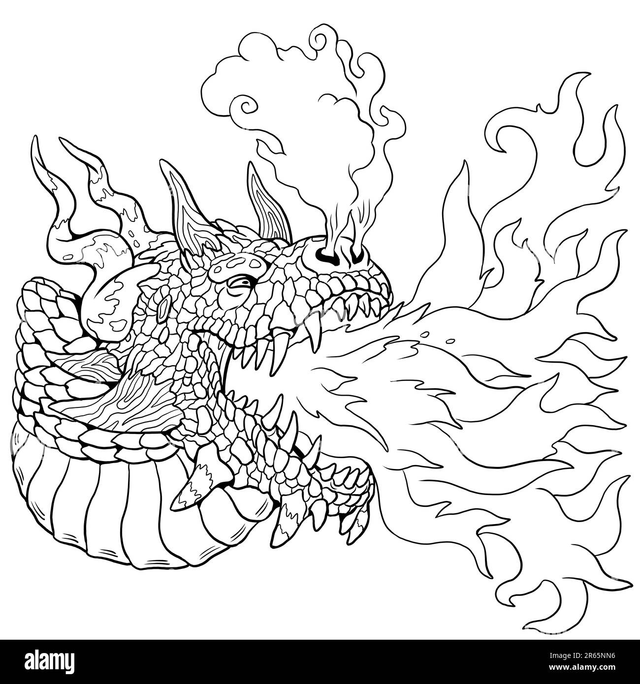 Porträt eines feuerspeienden Drachen. Fantasy-Illustration mit mythischer Kreatur. Dragon Malblatt. Stockfoto