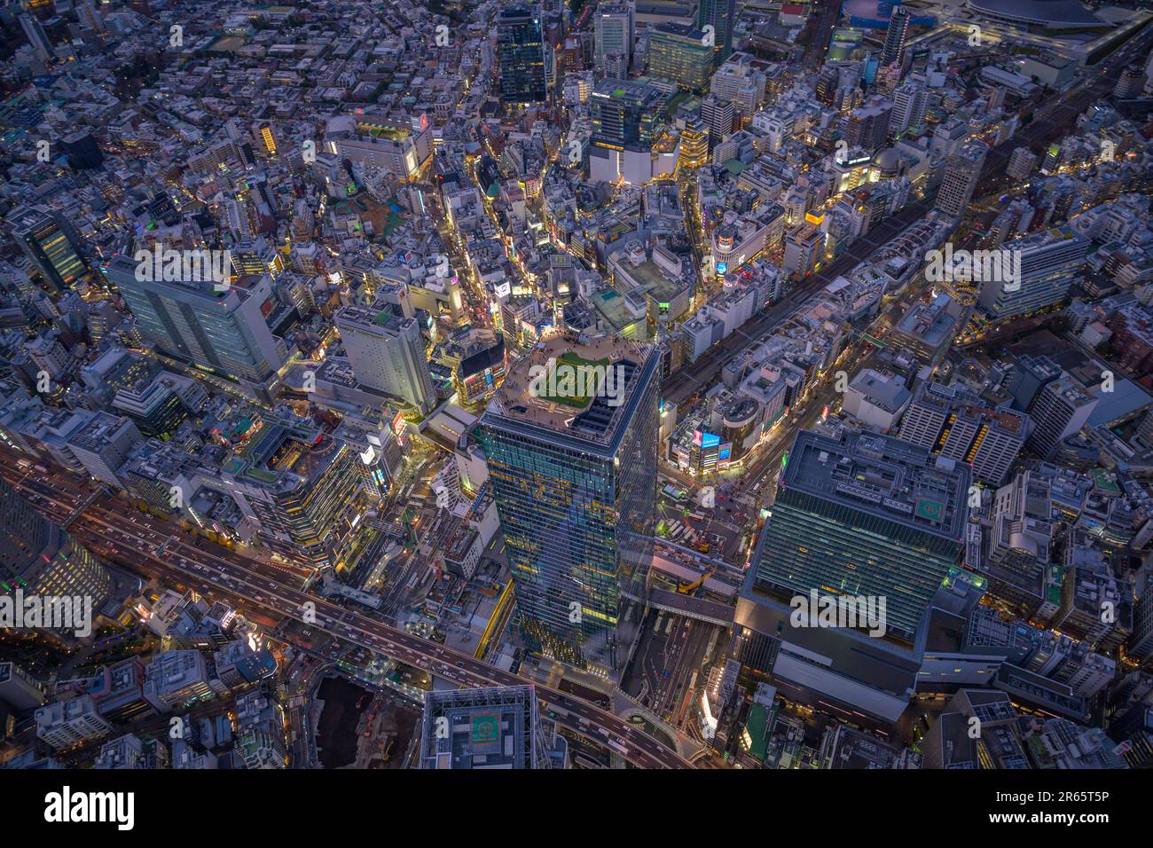Blick aus der Vogelperspektive auf den Shibuya Scramble Square bei Nacht Stockfoto