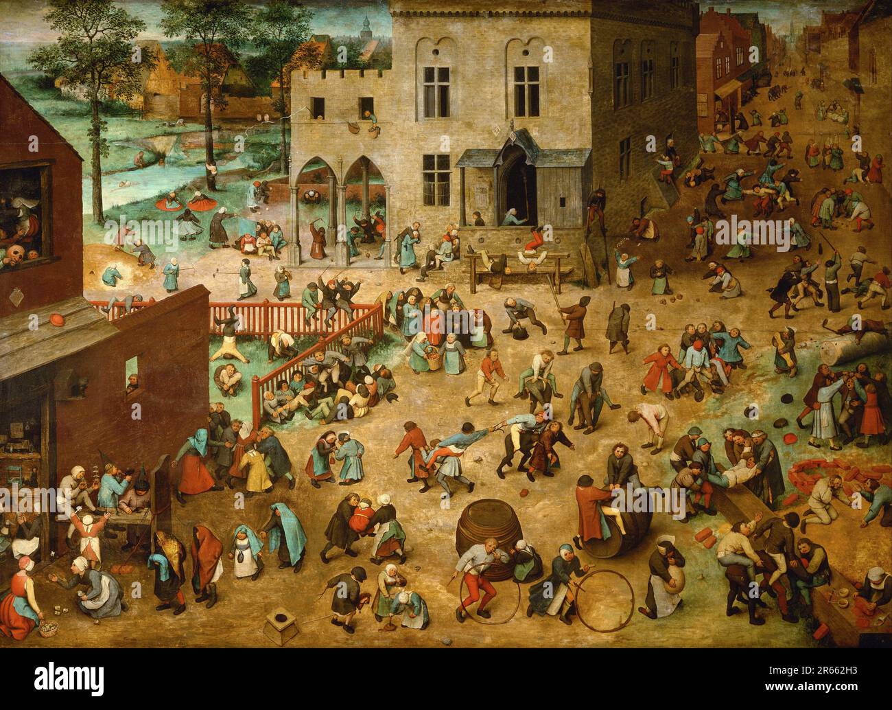 Kinderspiele, gemalt vom niederländischen Renaissance-Maler Pieter Breughel der Ältere im Jahr 1560. Breughel war der wichtigste Maler der niederländischen und flämischen Renaissance. Seine Themenauswahl war einflussreich, er lehnte Porträts und religiöse Szenen zugunsten von lokalen und Bauernszenen ab. Stockfoto