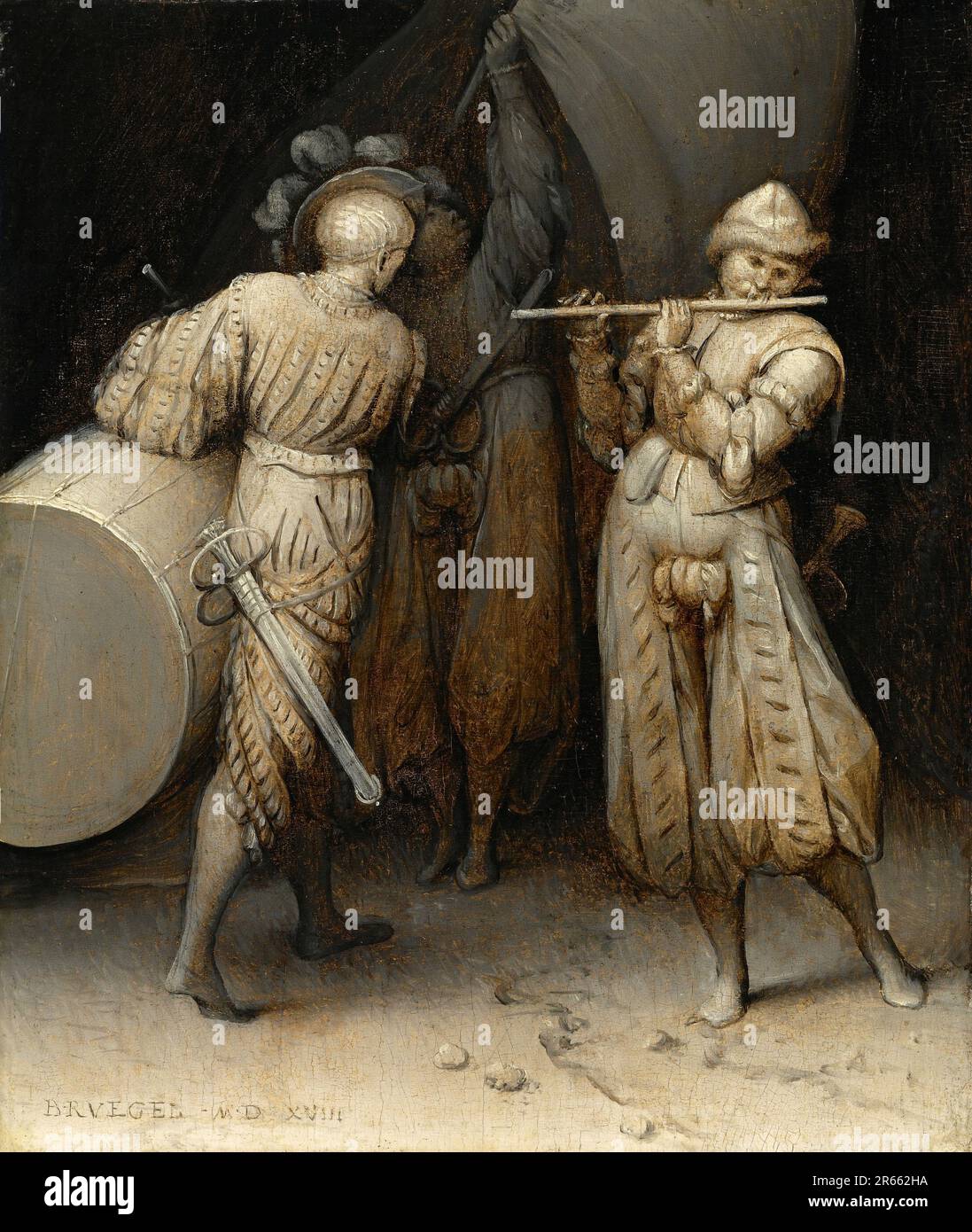 Die drei Soldaten, gemalt vom niederländischen Renaissance-Maler Pieter Breughel der Ältere im Jahr 1568. Breughel war der wichtigste Maler der niederländischen und flämischen Renaissance. Seine Themenauswahl war einflussreich, er verzichtete auf Porträts und religiöse Szenen zugunsten von lokalen und Bauernszenen. Stockfoto