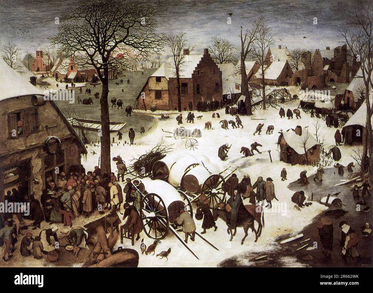 Der Volkszähler in Bethlehem, gemalt vom niederländischen Renaissance-Maler Pieter Breughel der Ältere im Jahr 1566. Breughel war der wichtigste Maler der niederländischen und flämischen Renaissance. Seine Themenauswahl war einflussreich, er verzichtete auf Porträts und religiöse Szenen zugunsten von lokalen und Bauernszenen. Stockfoto