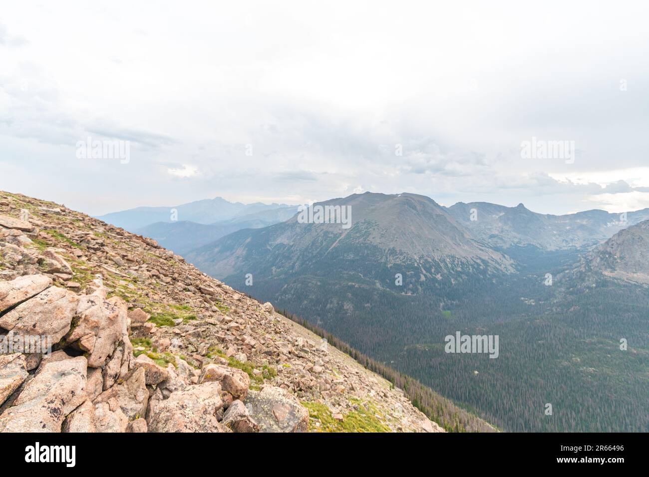 Blick auf die umliegenden Berge im Rocky Mountain National Park von Deer Mountain, Estes Park, Colorado Stockfoto