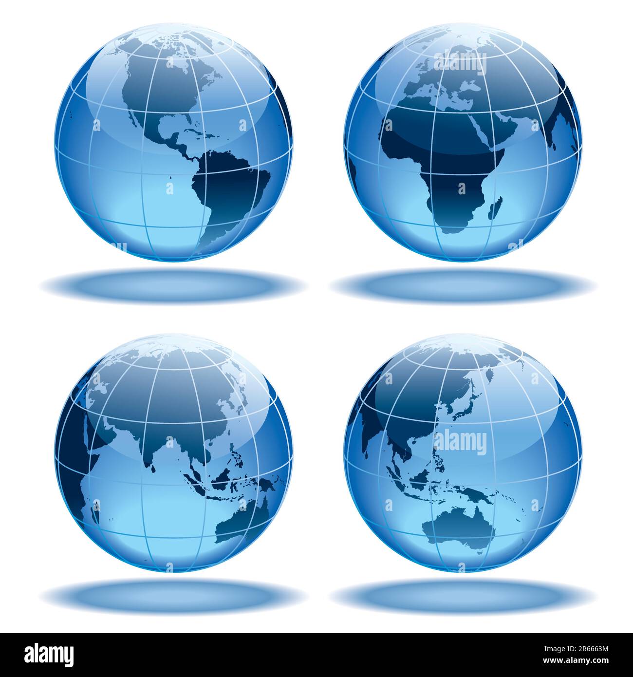 Vier Globen zeigen Erde mit allen Kontinenten. Stock Vektor