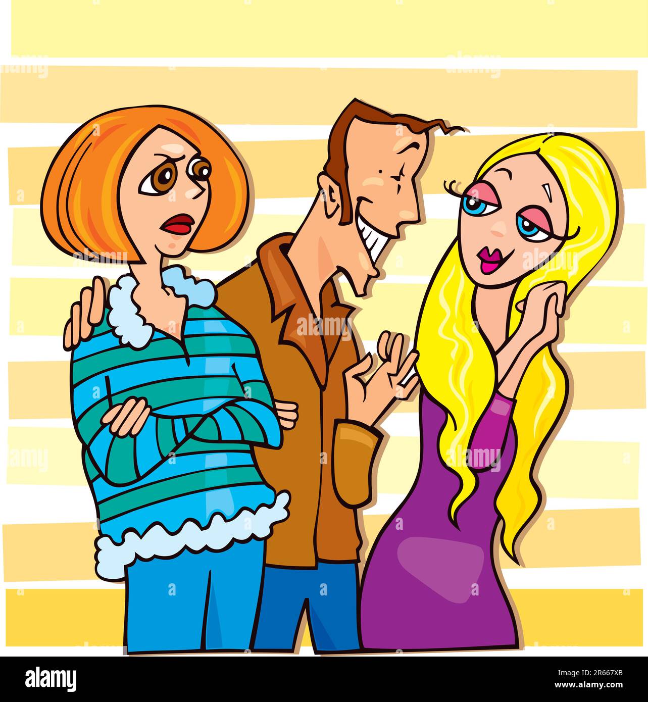 Cartoon-Illustration eines Mannes, der mit dem süßen blonden Mädchen und seiner eifersüchtigen Frau spricht Stock Vektor