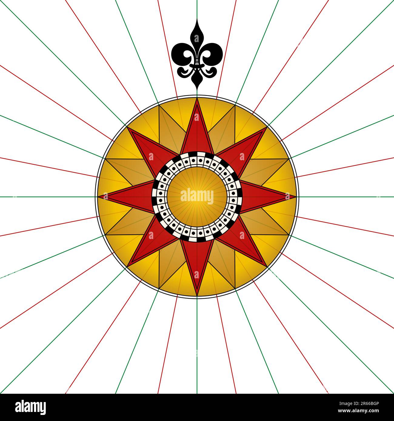 Kompassrose mit einem Fleur-de-Lis nach Norden. Kompassstern oder Windrose mit acht Hauptwinden, die die Richtung des Kardinals zeigen. Stockfoto