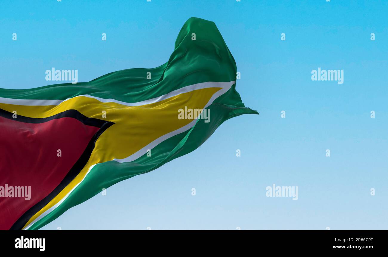 Nahaufnahme der im Wind winkenden Nationalflagge von Guyana. Die Co‑operative Republik Guyana ist ein Land auf dem nördlichen Festland Südamerikas Stockfoto
