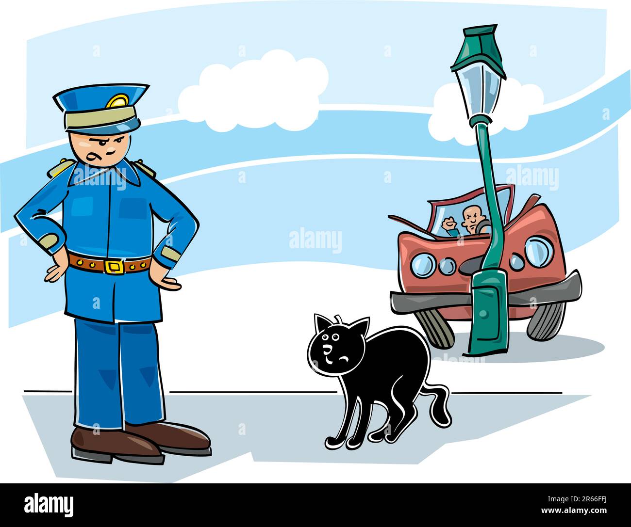 Abbildung einer schwarzen Katze, die einen Autounfall und einen wütenden Polizisten verursachte Stock Vektor