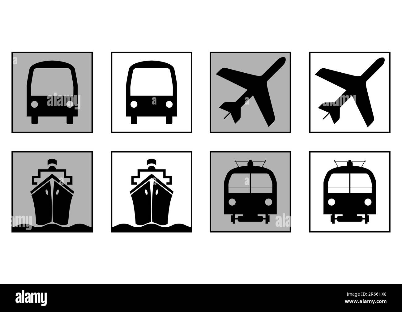 Züge fahren in Ebenen, Boote und Busse. Transportsymbole. Hinweisschilder Stock Vektor