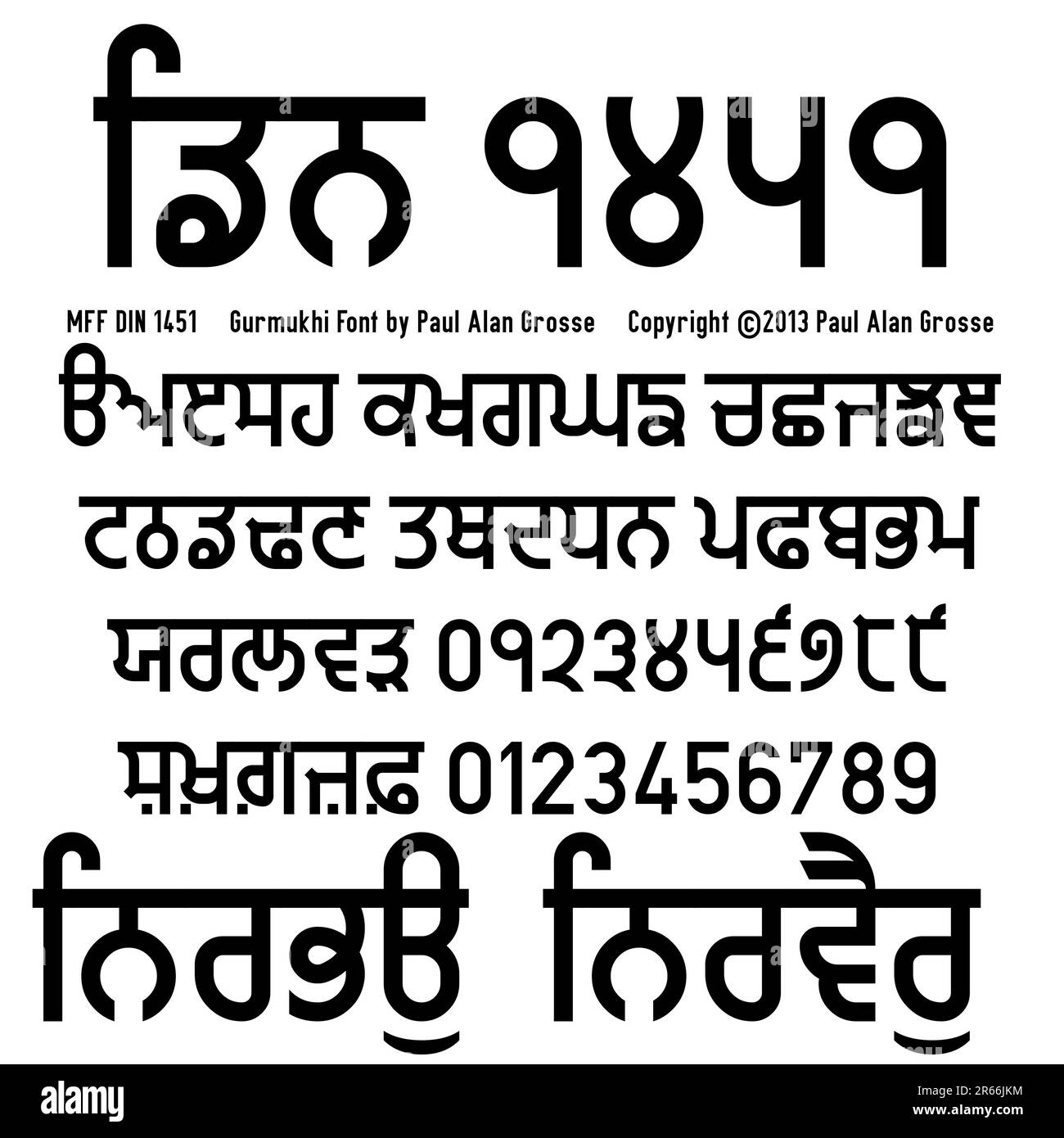 Gurmukhi Font Sampler - MFF DIN 1451 Schriftart, die 2013 von Paul Alan Grosse entworfen wurde - die Buchstaben der Penti und Zahlen. Ohne Angst, Ohne Hass. Stockfoto