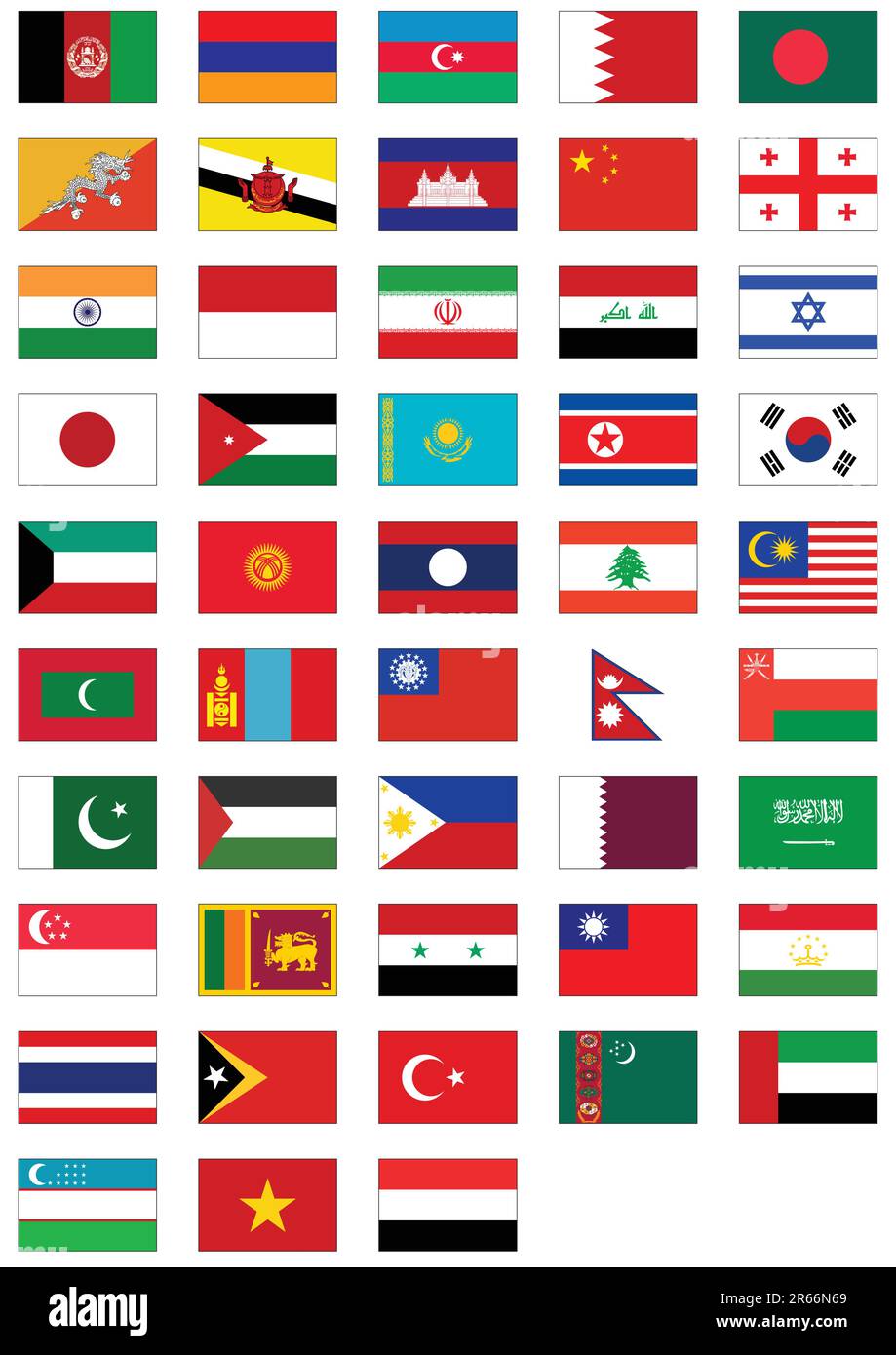 Kompletter Vektorsatz von Flaggen aus Asien. Alle Objekte werden gruppiert und mit dem Ländernamen versehen. Stock Vektor
