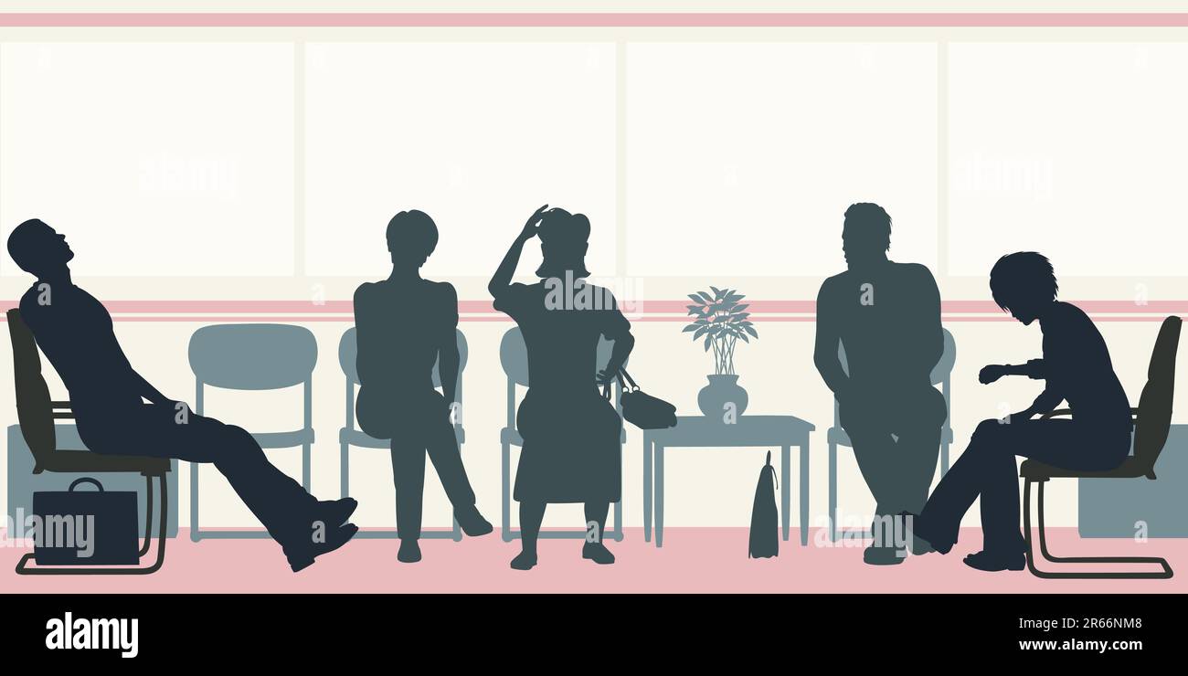 Editierbare Vector Silhouetten von Menschen sitzen in einem Wartezimmer Stock Vektor