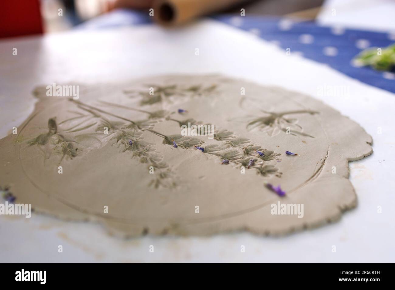 Herstellung von Schablonenkeramik mit Blüten und Blättern von Lavendel und anderen Pflanzen durch Pressen auf den Tisch Stockfoto