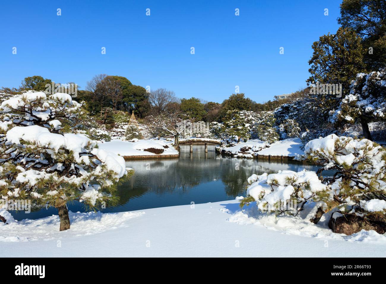 Verschneite Landschaft in Rikugien Stockfoto