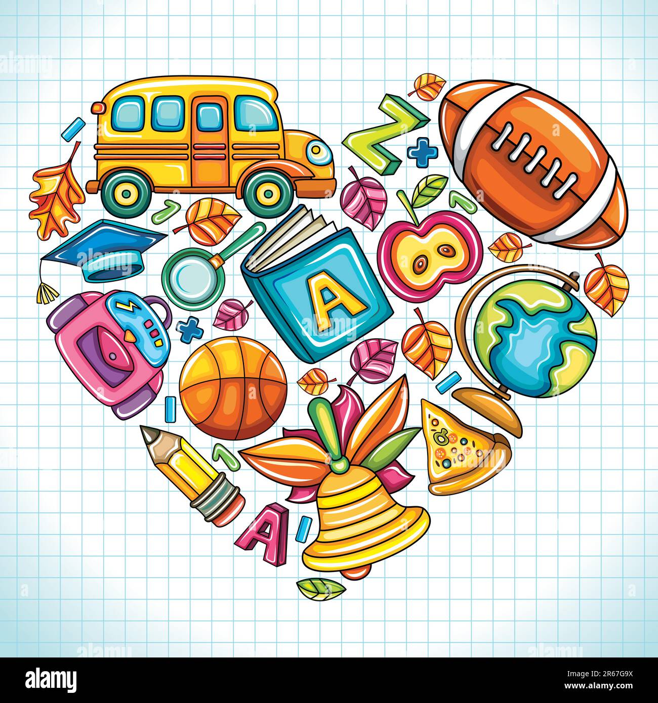 Verschiedene Arten von farbenfrohen Schulsymbolen, kombiniert in Form eines Herzens. Stock Vektor