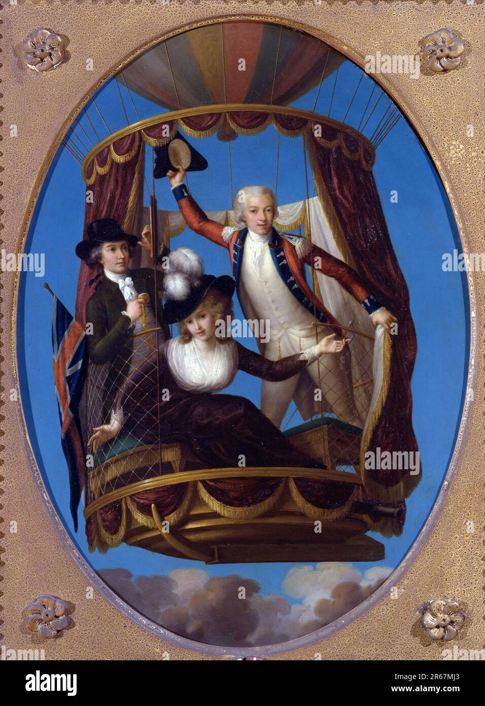 Letitia Ann Hoare und Vincenzo Lunardi in einem Ballon, die erste britische Frau, die am 29. Juni 1785 in einem von Vincenzo Lunardi gestarteten Ballon aufstieg. Gravur von Rigaud von George Biggin, Stockfoto