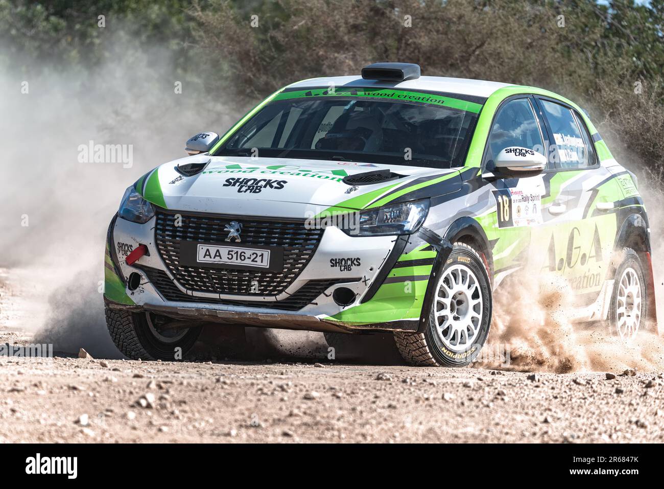 Anogyra, Zypern - 29. Januar 2023: Fahrer Agathokleous George (CY) und Beifahrer Zakos Stelios (CY) fahren Peugeot 208 Rally4 bei Anogyra Rally Ssprin Stockfoto