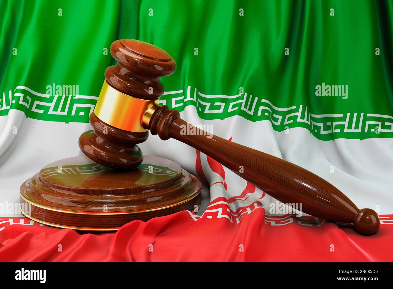 Iranisches Recht und Justizkonzept. Holzhammer auf iranischer Flagge, 3D-Darstellung Stockfoto