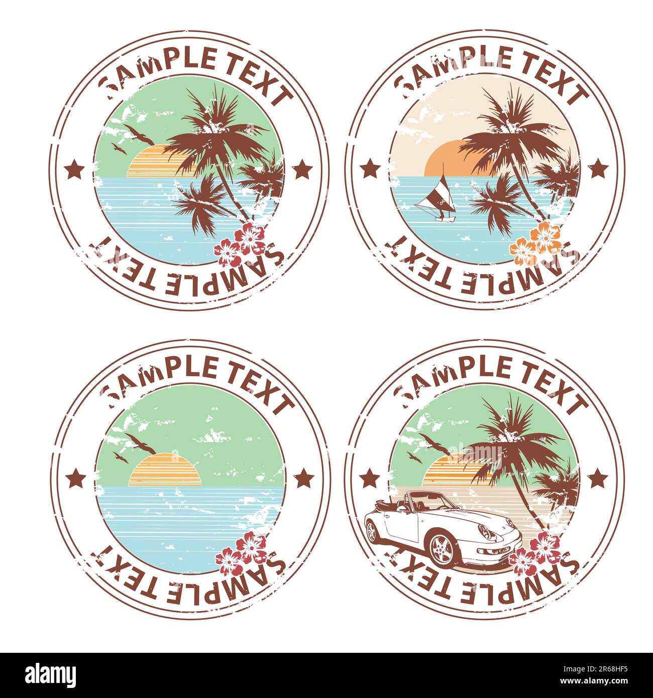 Schmuddelige Sommerdesigns mit Palmen, fliegenden Möwen, Blumen und mit einem separaten Platz für Mustertexte. Stock Vektor