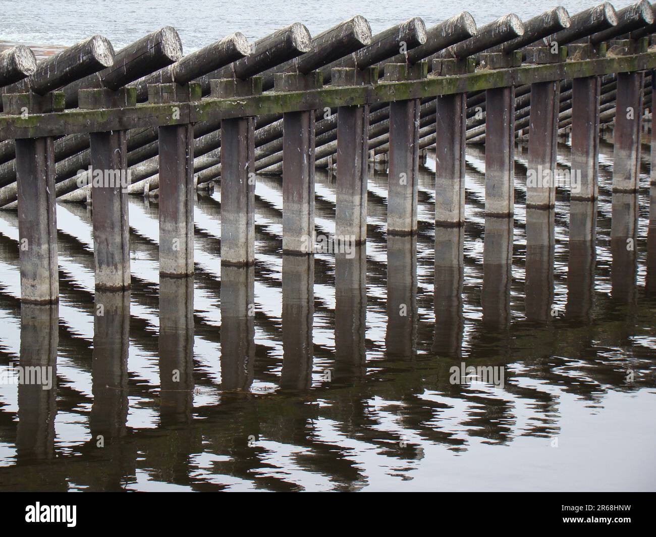 Ein hölzerner Dock mit Holzstämmen, die in einem ruhigen blauen Gewässer schweben Stockfoto
