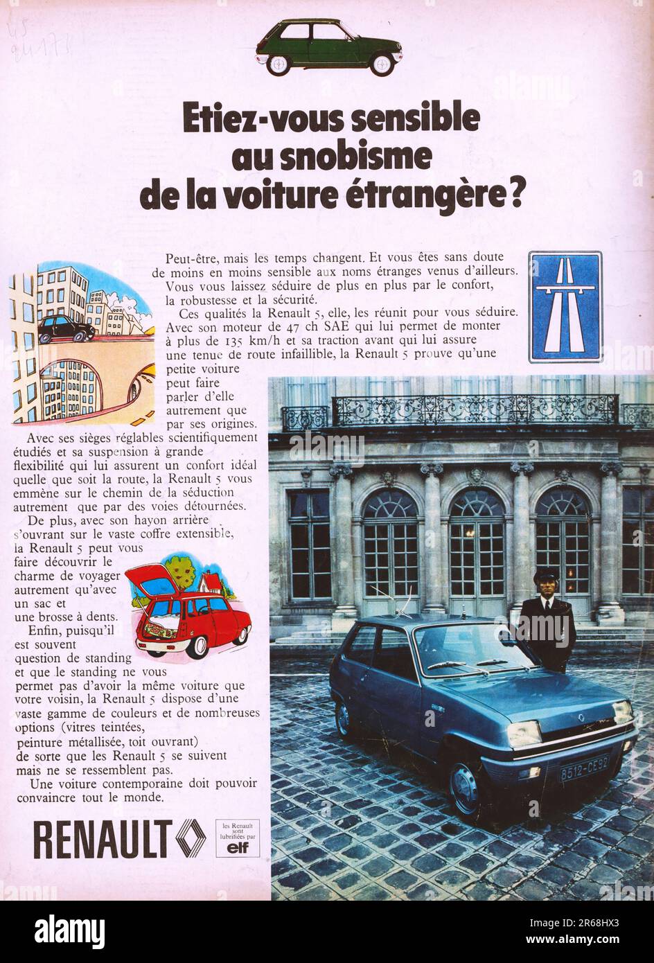 Renault 5 Vintage-Zeitschrift Werbung Renault 5 Werbespot Renault 5 Werbetoster Renault 5 Zeitschriftenanzeige 1973 Renault 5 französische Werbung Stockfoto