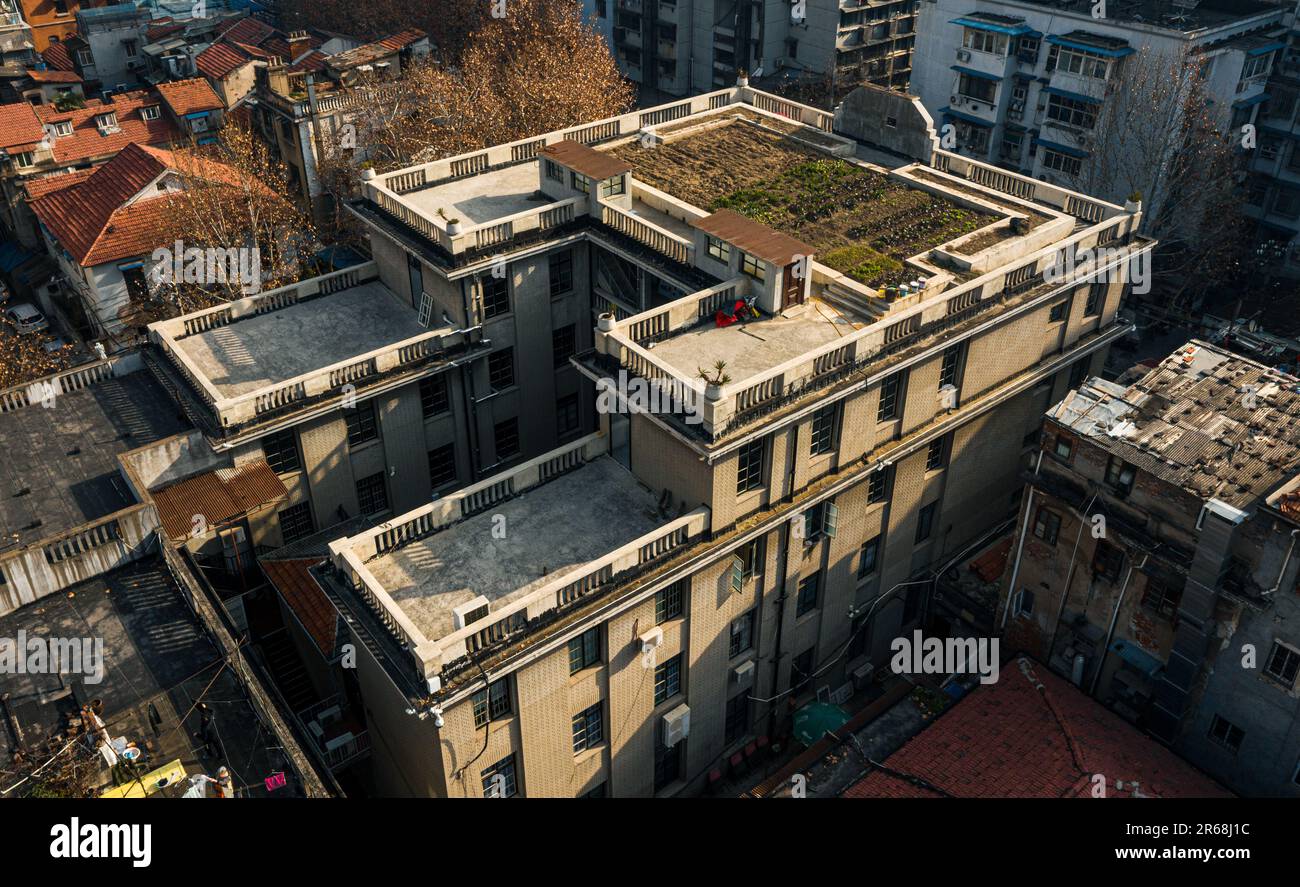 Ein Luftblick auf den ehemaligen Standort des Büros der Achten Route Army in Wuhan, China Stockfoto