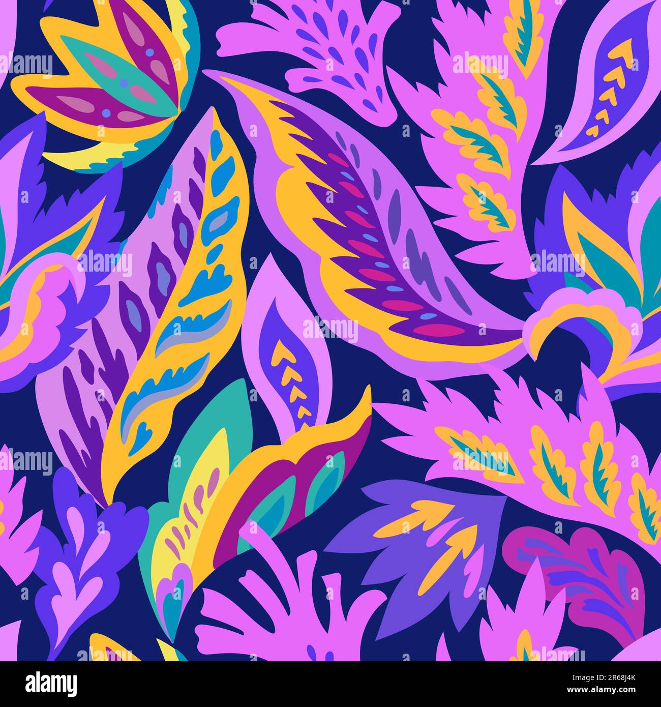 Leuchtendes, nahtloses Muster mit bunten Zierformen und dekorativen Blumenelementen. Hippie-Psychedelie-Abdruck. Stock Vektor