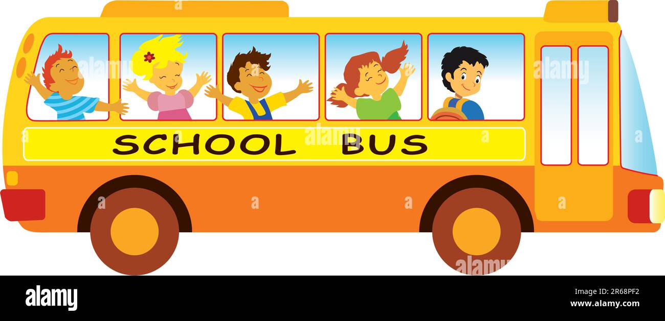 Gruppe von Grundschülern in einem Schulbus Stock Vektor