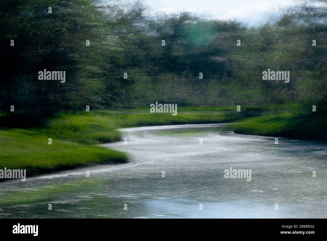 Sommer in Calgary, Carburn Park, Landschaftsabstraktion am Bow River, absichtliche Kamerabewegungen und absichtliche Unschärfe. Stockfoto