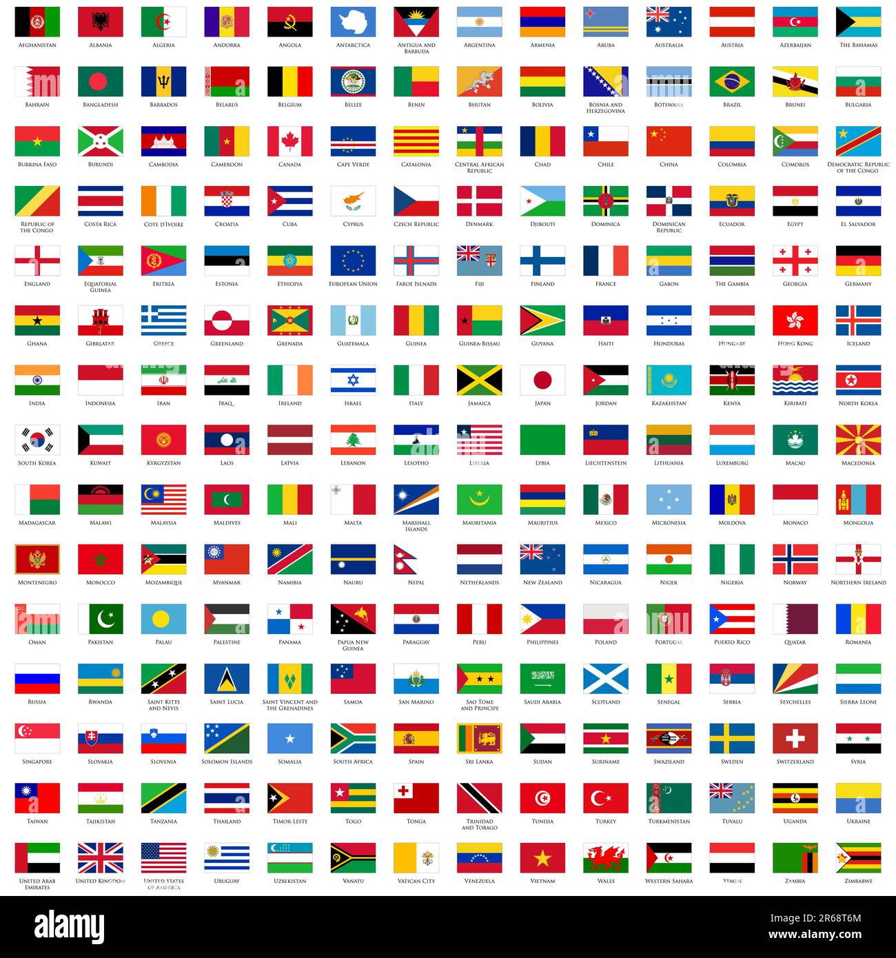 Alphabetisch sortierte Flaggen der Welt (3x2) mit offizieller RGB-Farbe und detaillierten Emblemen Stock Vektor