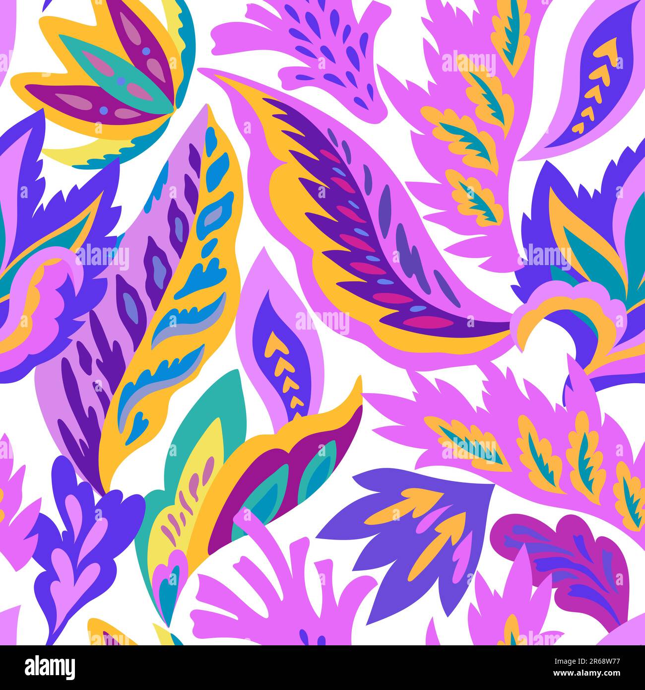 Leuchtendes, nahtloses Muster mit bunten Zierformen und dekorativen Blumenelementen. Hippie-Psychedelie-Abdruck. Stock Vektor