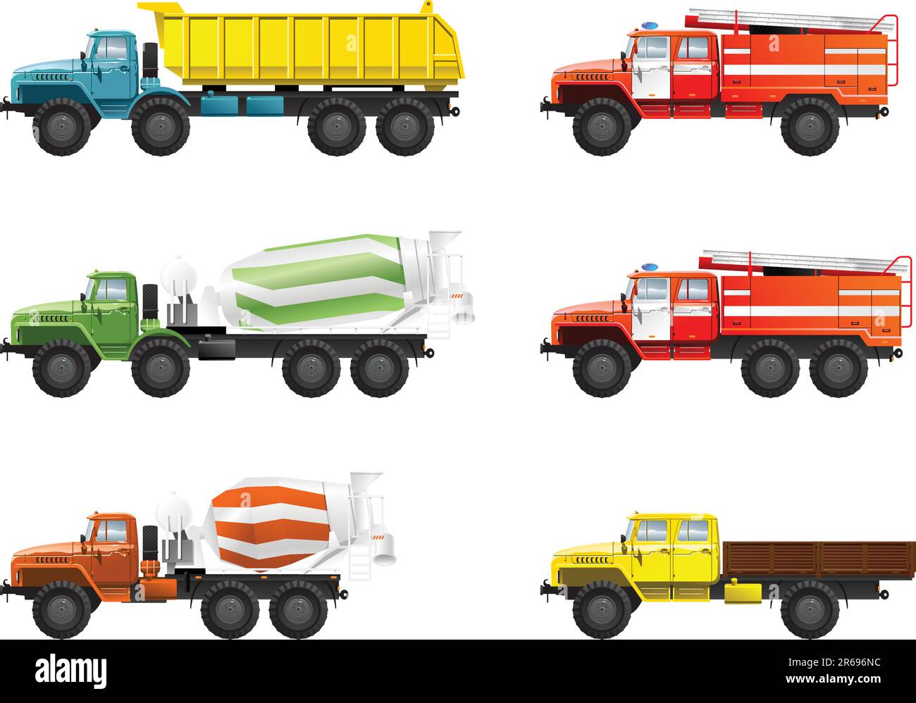 Vektorfarbdarstellung von Lkw. (Mischfahrzeug, Kipplaster und Feuerwehrfahrzeug) Stock Vektor