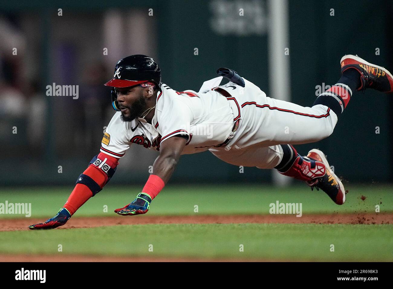 Atlanta Braves' Michael Harris II steals second base during the third  inning of the team's baseball game against the Boston Red Sox on Wednesday,  May 10, 2023, in Atlanta. (AP Photo/John Bazemore