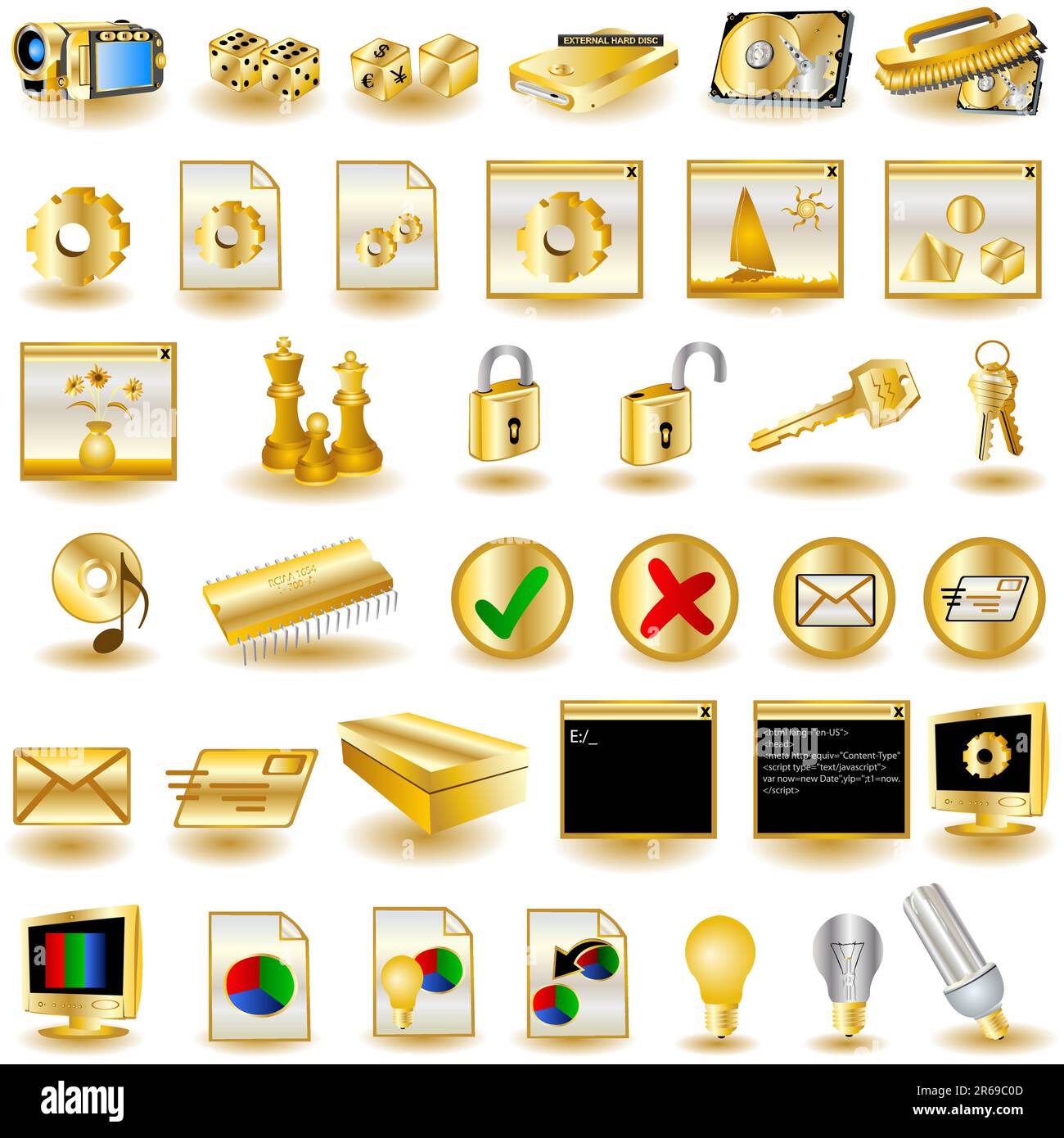 Sammlung verschiedener Symbole in goldener Farbe. Stock Vektor