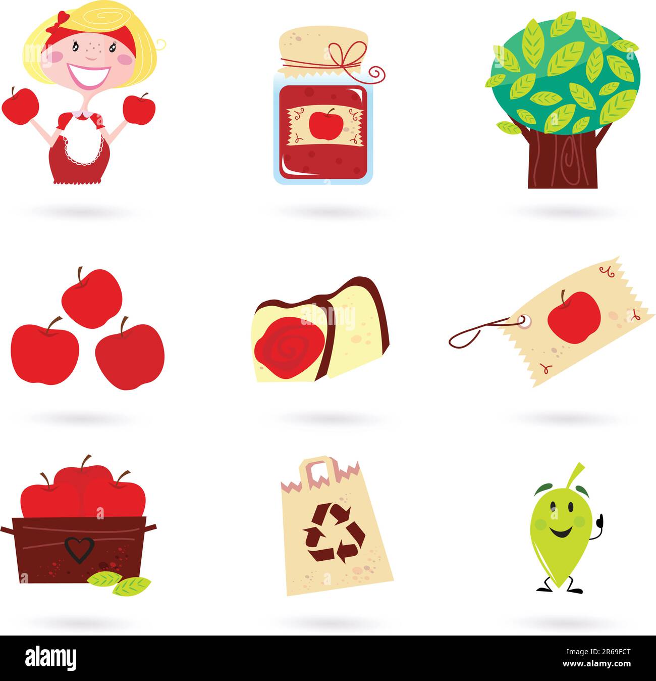 Lustiges Herbstset isoliert auf weißem Hintergrund. kochmutter, Äpfel, Apfelmarmelade, Öko-Beutel, Etikett und Blattsymbol. Vektordarstellung. Stock Vektor