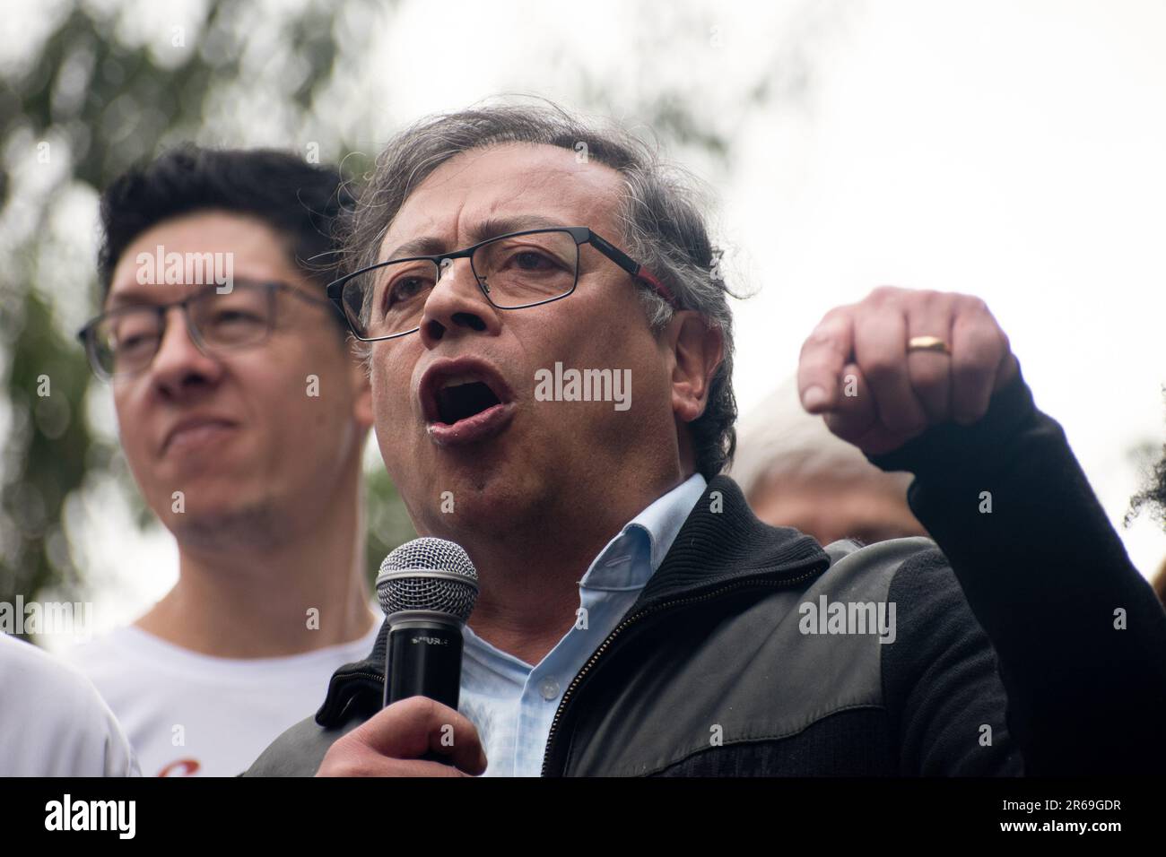 Bogota, Kolumbien. 11. Mai 2023. Kolumbiens Präsident Gustavo Petro hält eine Rede während der Demonstrationen zur Unterstützung der kolumbianischen Sozialreformen in Bogota, Kolumbien, am 7. Juni 2023. Foto: Daniel Romero/Long Visual Press Credit: Long Visual Press/Alamy Live News Stockfoto