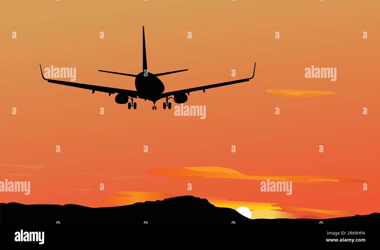 Vektor-Illustration des Flugzeugs gegen einen Rückgang Stock Vektor